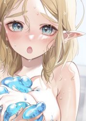 Rule 34 | 1girl, blonde hair, blue eyes, blush, breasts, collarbone, covering privates, covering breasts, embarrassed, forehead, large breasts, looking at viewer, messy hair, nintendo, nude, open mouth, parted bangs, pointy ears, princess zelda, short hair, shuri (84k), slime (substance), solo, sweat, the legend of zelda, the legend of zelda: breath of the wild, the legend of zelda: tears of the kingdom, thick eyebrows, upper body