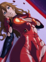 Rule 34 | 1girl, blue eyes, blush, bodysuit, breasts, brown hair, curvy, evangelion: 3.0+1.0 thrice upon a time, foreshortening, hair down, hand on own chest, highres, lips, long hair, looking at viewer, lying, medium breasts, neon genesis evangelion, plugsuit, rebuild of evangelion, red bodysuit, shiny clothes, shiny skin, simple background, skin tight, solo, souryuu asuka langley, standing, torn bodysuit, torn clothes, varon, wide hips