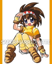 Rule 34 | 1990s (style), 1girl, :d, breasts, crop top, fingerless gloves, full body, gloves, knees up, letterboxed, lime (saber marionette r), lime (saber r), loafers, looking at viewer, open mouth, retro artstyle, saber marionette r, salute, shoes, short sleeves, simple background, small breasts, smile, solo, text focus, thighhighs, turtleneck, white background