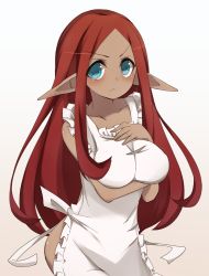 Rule 34 | 1girl, :&lt;, apron, bare shoulders, blue eyes, blush, breast hold, breasts squeezed together, breast suppress, breasts, brown hair, cleavage, dark skin, dark-skinned female, elf, large breasts, long hair, long pointy ears, maid-chan (maze), maze (gochama ze gohan), naked apron, original, pointy ears, red hair, solo