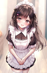 Rule 34 | 1girl, :d, apron, bat hair ornament, black dress, black nails, blurry, blurry background, blush, brown hair, collared dress, commentary request, dress, frilled apron, frills, hair ornament, heart, heart hair ornament, highres, long hair, looking at viewer, maid, maid apron, maid headdress, open mouth, original, pink nails, puffy short sleeves, puffy sleeves, short dress, short sleeves, single thighhigh, smile, solo, swept bangs, thighhighs, two side up, v arms, white apron, white thighhighs, yugaa