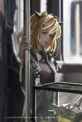 Rule 34 | 1girl, 1other, arknights, artist name, bad id, bad pixiv id, biggie (arknights), black coat, blonde hair, cage, closed mouth, coat, commentary, doctor (arknights), dragon horns, fengbuxiao, green coat, grey shirt, highres, horns, id card, lips, looking at another, medium hair, open clothes, open coat, originium slug (arknights), pointy ears, red eyes, shirt, vanilla (arknights)