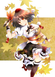 Rule 34 | 1girl, alternative facts in eastern utopia, autumn leaves, black hair, black ribbon, black skirt, black thighhighs, black wristband, blush, breasts, cleavage, cleavage cutout, closed mouth, clothing cutout, collared shirt, commentary request, falling leaves, frilled shirt, frilled skirt, frills, geta, hand fan, hat, hauchiwa, highres, holding, holding fan, leaf, leaf background, leaf print, leg up, medium breasts, neck ribbon, panties, pantyshot, pom pom (clothes), puffy short sleeves, puffy sleeves, red eyes, red footwear, red hat, red ribbon, ribbon, shameimaru aya, shirt, short sleeves, skirt, smile, solo, standing, standing on one leg, tassel, tengu-geta, thighhighs, thighs, tokin hat, touhou, underwear, usuusu, white background, white shirt, yellow background
