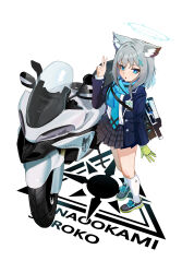 1girl absurdres animal_ear_fluff animal_ears assault_rifle bag blazer blue_archive blue_eyes blue_halo blue_scarf breasts cross_hair_ornament gang_shi_shao_e_fan gloves green_gloves grey_hair gun hair_ornament halo handbag highres jacket motor_vehicle pleated_skirt scarf school_uniform shiroko_(blue_archive) sig_sauer_556 simple_background skirt socks solo weapon white_background white_socks