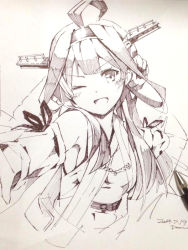 Rule 34 | 10s, 1girl, ;d, ahoge, bad id, bad pixiv id, detached sleeves, double bun, graphite (medium), headgear, kantai collection, kongou (kancolle), looking at viewer, monochrome, nontraditional miko, one eye closed, open mouth, outstretched arms, pemu, photo (medium), pomon illust, ribbon-trimmed sleeves, ribbon trim, simple background, smile, solo, traditional media, upper body, yellow background