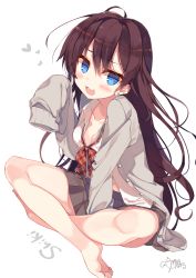 Rule 34 | 10s, 1girl, absurdres, barefoot, blue eyes, blush, bow, bowtie, breasts, brown hair, buttons, character name, collarbone, fang, heart, highres, hisaka hazara, ichinose shiki, idolmaster, idolmaster cinderella girls, indian style, long hair, looking at viewer, medium breasts, pleated skirt, school uniform, simple background, sitting, skirt, sleeves past wrists, smile, solo, white background