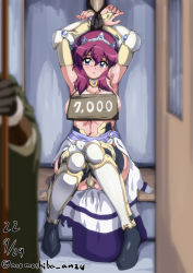 Rule 34 | 1boy, 1girl, armor, armored boots, armored dress, arms up, artist name, auction, bdsm, blue eyes, blush, bondage, boots, bound, bound wrists, breasts, cleavage, collar, crown, dated, full body, gauntlets, henrietta de tristain, large breasts, looking at viewer, nafta, navel, panties, panty peek, pantyshot, price, red hair, restrained, rope, sign, signature, sitting, solo focus, sweat, sweatdrop, tiara, topless, torn clothes, underwear, upskirt, zero no tsukaima