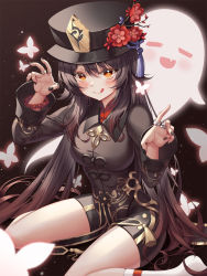 Rule 34 | 1girl, bead bracelet, beads, black hat, black nails, bracelet, brown coat, brown hair, bug, butterfly, coat, dark background, flower, genshin impact, ghost, ghost pose, hand up, hat, hat flower, highres, hu tao (genshin impact), insect, jewelry, kiss, kneehighs, looking at viewer, multiple rings, nail polish, nowsicaa, red shorts, ring, short shorts, shorts, sitting, smile, socks, solo, symbol-shaped pupils, thighs, wariza, white socks