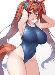Rule 34 | 1girl, animal ears, bare shoulders, blush, bow, breasts, brown hair, covered navel, daiwa scarlet (umamusume), fang, hair intakes, horse ears, horse girl, horse tail, kuavera, large breasts, long hair, looking at viewer, one-piece swimsuit, open mouth, red eyes, solo, swimsuit, tail, tiara, twintails, umamusume, very long hair