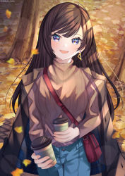Rule 34 | 1girl, autumn, autumn leaves, bag, blue pants, blush, brown hair, brown sweater, coffee cup, cup, denim, disposable cup, earrings, forest, gogat8, handbag, hands up, highres, holding, holding cup, jeans, jewelry, leaf, long hair, looking at viewer, nature, open mouth, original, outdoors, pants, purple eyes, red bag, ribbed sweater, smile, solo, standing, sweater, tree, turtleneck, turtleneck sweater