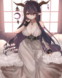 Rule 34 | absurdres, bandages, blue hair, blush, breasts, breasts focus, cleavage, colorized, danua, draph, dress, embarrassed, gatamu, gloves, granblue fantasy, highres, horns, huge breasts, jewelry, long dress, long hair, looking at viewer, metal belt, necklace, on bed, red eyes, simple background, tagme, white background, window