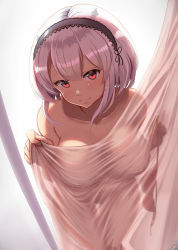 Rule 34 | 1girl, azur lane, black hairband, bra, breasts, closed mouth, commentary request, covering privates, curtains, hairband, highres, lace-trimmed hairband, lace trim, large breasts, looking at viewer, maku ro, nude, nude cover, red eyes, short hair, silhouette, sirius (azur lane), solo, underwear, unworn bra, white hair
