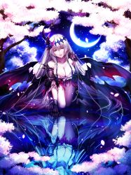 Rule 34 | 1girl, breasts, cherry blossoms, cleavage, crescent moon, dark jeanne, gloves, granblue fantasy, hair between eyes, highres, jeanne d&#039;arc (granblue fantasy), kneeling on water, large breasts, leaning forward, long hair, moon, red eyes, reflection, sayvi, shadowverse, silver hair, solo, very long hair, water, wings