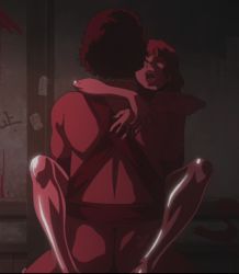 Rule 34 | 1girl, afro samurai, animated, animated gif, bottomless, closed eyes, held up, interracial, lipstick, makeup, moaning, piercing, red hair, sex, short hair, standing sex, takashi okazaki, thighhighs, vaginal
