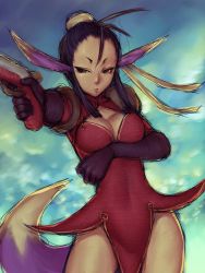 Rule 34 | 1girl, animal ears, antenna hair, black eyes, blue hair, breasts, breath of fire, breath of fire iv, capcom, cleavage, cleavage cutout, clothing cutout, dress, eyeshadow, frown, fumio (rsqkr), gloves, gun, makeup, ribbon, short dress, small breasts, solo, tail, thighs, ursula (breath of fire), weapon