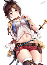 Rule 34 | 1girl, :d, atelier (series), atelier ryza, atelier ryza 1, belt, blush, breasts, brown eyes, brown hair, buckle, collarbone, commentary, cowboy shot, gloves, hair ornament, hairclip, hat, highres, holding, holding staff, jewelry, looking at viewer, midriff, navel, necklace, open mouth, red shorts, reisalin stout, short hair, short shorts, shorts, sidelocks, signature, simple background, skindentation, smile, solo, staff, star (symbol), star necklace, thighhighs, thighs, white background, white hat, wsman