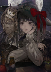 Rule 34 | 1girl, animal, animal on shoulder, apple, bird, black eyes, black hair, black hat, black nails, book, bow, bowtie, character request, copyright request, elbow rest, elbows on table, fingernails, flower, food, fruit, full moon, fur-trimmed jacket, fur trim, hand on own cheek, hand on own face, hat, highres, jacket, long fingernails, long hair, looking at viewer, moon, nail polish, night, night sky, owl, pale skin, plant, pot, potted plant, puffy sleeves, sankomichi, serious, sky, solo, table, upper body, witch hat