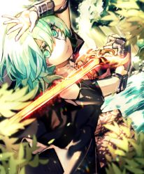 Rule 34 | 1girl, arm up, bad id, bad pixiv id, blurry, blurry foreground, byleth (female) (fire emblem), byleth (fire emblem), fire emblem, fire emblem: three houses, from above, green hair, heroes relic (fire emblem), highres, holding, holding sword, holding weapon, long hair, looking at viewer, nintendo, pantyhose, short sleeves, solo, sword, sword of the creator, tida 2112, weapon