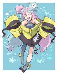 Rule 34 | 1girl, bare shoulders, blue background, blue hair, bow-shaped hair, collarbone, creatures (company), futa yuri ryona, game freak, grey pantyhose, grey shirt, highres, iono (pokemon), jacket, light blue hair, long hair, multicolored hair, nintendo, off-shoulder jacket, off shoulder, one eye closed, pantyhose, pink eyes, pink hair, pokemon, pokemon sv, shirt, single leg pantyhose, sleeves past fingers, sleeves past wrists, solo, twintails, two-tone hair, very long hair, very long sleeves, wide sleeves, yellow jacket
