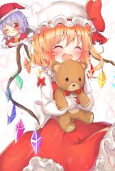 Rule 34 | 2girls, :d, ^ ^, bell, blonde hair, blue hair, blush, christmas, closed eyes, crystal, fake facial hair, fake mustache, flandre scarlet, hanen (borry), hat, highres, holding, holding stuffed toy, long sleeves, mob cap, multiple girls, one eye closed, open mouth, red eyes, red headwear, red skirt, remilia scarlet, santa hat, short hair, siblings, side ponytail, sisters, skirt, smile, stuffed animal, stuffed toy, teddy bear, touhou, white headwear, wings