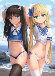 Rule 34 | 2girls, absurdres, arm behind head, arm up, arms behind head, arms up, bad id, bad pixiv id, beach, bikini, bikini bottom only, black hair, black legwear, blonde hair, blue bikini, blue eyes, blue ribbon, blue shirt, blue sky, blush, caustics, closed mouth, cloud, cloudy sky, collarbone, collared shirt, cowboy shot, crop top, crop top overhang, day, frown, green eyes, groin, hair ribbon, head tilt, highres, horizon, long hair, looking at viewer, mole, mole under eye, multiple girls, navel, neck ribbon, no pants, ocean, original, outdoors, qianqiu wanxia, ribbon, rock, sailor collar, sailor shirt, sand, shirt, short sleeves, side-by-side, side-tie bikini bottom, skindentation, sky, smile, standing, stomach, swimsuit, thighhighs, twintails, very long hair, water, wet, white bikini, white legwear, white ribbon, white shirt