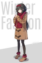Rule 34 | 1girl, :o, absurdres, artist name, black hair, black pantyhose, blush, boots, brown coat, brown footwear, coat, commentary, duffel coat, enpera, fringe trim, full body, hair ribbon, hands up, highres, long coat, long hair, long sleeves, original, pantyhose, parted lips, red eyes, red ribbon, red scarf, ribbon, scarf, shadow, sidelocks, sleeves past wrists, solo, yaki mayu