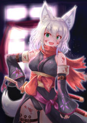 Rule 34 | absurdres, animal ears, blood, blood on clothes, blood on face, blood splatter, blurry, blurry background, blush, bridal gauntlets, cocoasabure, cowboy shot, detached sleeves, fang, gluteal fold, green eyes, hair between eyes, highres, holster, knife, leotard, looking at viewer, ninja, obi, open mouth, pixiv fantasia, pixiv fantasia last saga, sash, scarf, short hair, solo, thigh holster, throwing knife, weapon, white hair, window