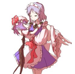 Rule 34 | 2girls, apron, bad id, bad pixiv id, barefoot, bat wings, bow, braid, carrying, closed eyes, hair bow, hat, hat ribbon, izayoi sakuya, light purple hair, light smile, maid headdress, minust, mob cap, multiple girls, parted lips, princess carry, puffy short sleeves, puffy sleeves, remilia scarlet, ribbon, short hair, short sleeves, silver hair, simple background, skirt, skirt set, touhou, twin braids, waist apron, white background, wings, wrist cuffs