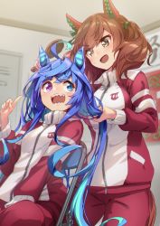Rule 34 | 2girls, :d, @ @, absurdres, ahoge, animal ears, blue eyes, blue hair, blush, breasts, brown eyes, brown hair, brushing another&#039;s hair, brushing hair, colored inner hair, commentary request, ear covers, eva mashiro, hair brush, hair tie, hand up, hands up, heterochromia, highres, holding, holding brush, holding own hair, horse ears, horse girl, horse tail, index finger raised, jacket, large breasts, long hair, long sleeves, looking at another, multicolored hair, multiple girls, nice nature (umamusume), open mouth, pants, purple eyes, red jacket, red pants, sharp teeth, smile, sweatdrop, tail, teeth, thick eyebrows, track jacket, track pants, track suit, twin turbo (umamusume), twintails, umamusume, very long hair, white jacket, zipper