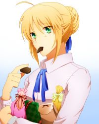 Rule 34 | 1girl, ahoge, artoria pendragon (fate), blonde hair, candy, chocolate, fate/stay night, fate (series), food, gift, green eyes, hair ribbon, ribbon, saber (fate), solo, sowa, sweets