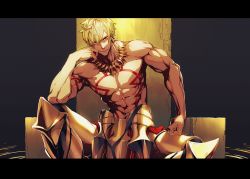Rule 34 | 1boy, abs, absurdres, arm tattoo, armor, biceps, black background, blonde hair, chest tattoo, clenched hand, closed mouth, commentary request, cowboy shot, earrings, elbow on knee, fate/grand order, fate (series), faulds, gilgamesh (fate), gold armor, greaves, hair between eyes, hand on own leg, hand up, head rest, highres, jewelry, letterboxed, looking at viewer, male focus, manly, muscular, necklace, ogata tomio, pectorals, red eyes, ripples, short hair, sitting, smile, solo, tattoo, throne, topless male, yellow neckwear