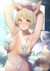 Rule 34 | 1girl, animal ears, armpits, arms up, bare shoulders, blonde hair, blurry, blush, bokeh, breasts, brown eyes, collarbone, covered erect nipples, day, depth of field, fox ears, fox girl, fox tail, hair between eyes, hair ornament, highres, indoors, karinto yamada, lingerie, looking at viewer, medium breasts, original, short hair, signature, smile, solo, tail, underwear, upper body, window