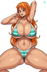 Rule 34 | 1girl, absurdres, areola slip, arms up, artist name, ass, bikini, breasts, bursting breasts, cameltoe, cleft of venus, curvy, gluteal fold, groin, highres, huge breasts, jmg, long hair, nami (one piece), one piece, orange hair, shiny skin, shoulder tattoo, sitting, solo, spread legs, sweat, swimsuit, tan, tattoo, thong, thong bikini, transparent background, wide hips