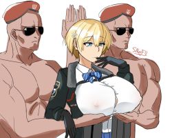 Rule 34 | 1girl, 2boys, ammunition pouch, aphrodite (shuumatsu no valkyrie), artist name, aviator sunglasses, belt buckle, belt pouch, beret, black gloves, blonde hair, blue eyes, blue neckwear, blue skirt, breast hold, breast lift, breasts, buckle, button gap, commander (girls&#039; frontline), covered erect nipples, fur-trimmed jacket, fur trim, girls&#039; frontline, gloves, hair ornament, harness, hat, highres, jacket, large breasts, load bearing vest, ammunition pouch, meme, multiple boys, muscular, muscular male, no bra, open clothes, open jacket, parody, pouch, red beret, servants holding aphrodite&#039;s breasts (meme), shirt, shirt tucked in, short hair, shuumatsu no valkyrie, simple background, skirt, snafu (snafy snu), snowflake hair ornament, sunglasses, upper body, vsk-94 (girls&#039; frontline), white background, white shirt