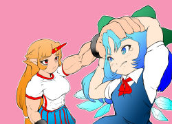 Rule 34 | 2girls, blonde hair, blue dress, blue eyes, blue hair, bow, cirno, cuffs, cup, dress, eyebrows, green bow, hair bow, hand on another&#039;s head, highres, horns, hoshiguma yuugi, ice, ice wings, long hair, multiple girls, muscular, muscular female, oni, pointy ears, red eyes, sakazuki, shiesu=inana, shirt, short sleeves, single horn, skirt, star (symbol), striped clothes, striped skirt, t-shirt, tears, touhou, vertical-striped clothes, vertical-striped skirt, white shirt, wings