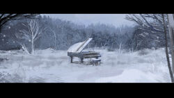Rule 34 | advarcher, commentary, grand piano, highres, instrument, landscape, letterboxed, nature, no humans, original, piano, piano bench, scenery, snow, snowing, tree, winter