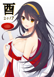 Rule 34 | 1girl, 2017, :d, bare shoulders, black hair, breasts, brown eyes, cleavage, covering privates, covering breasts, cup, hairband, haruna (kancolle), highres, holding, holding cup, japanese clothes, kantai collection, kimono, large breasts, long hair, looking at viewer, new year, open mouth, orange hairband, sakazuki, sarashi, smile, solo, tanakahazime
