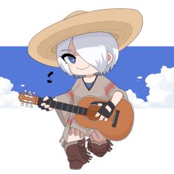 Rule 34 | angel (kof), artist request, blue eyes, boots, brown hat, chibi, cowboy boots, gloves, guitar, hair over one eye, hat, instrument, mexico, poncho, smile, sombrero, the king of fighters, white hair