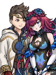 Rule 34 | 1boy, 1girl, blue eyes, breasts, brown hair, butterfly wings, circlet, couple, facial mark, fairy, fairy wings, fire emblem, fire emblem heroes, gloves, gold trim, gradient clothes, gradient flower, grimaisbestwaifu, hair vines, hetero, hood, hood down, hooded robe, insect wings, kiran (fire emblem), kiran (male) (fire emblem), ko-fi commission, large breasts, leather, leather gloves, nintendo, official alternate costume, official alternate hairstyle, plant, plant hair, robe, thorns, triandra (fire emblem), vines, white robe, wings, yellow eyes