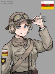 Rule 34 | 1girl, blonde hair, blue eyes, close-up, flag, goggles, goggles on headwear, grey background, hearts of iron, helmet, highres, jewelry, kaiserreich, military, military uniform, patch, pinky out, pzkpfwi, ring, short hair, sketch, teeth, uniform