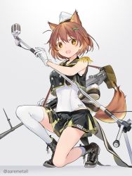 Rule 34 | 1girl, animal ear fluff, animal ears, black skirt, black vest, brave witches, brown hair, commentary request, epaulettes, gloves, gun, hone, karibuchi hikari, microphone, microphone stand, on one knee, open mouth, shoes, skirt, solo, squirrel ears, squirrel tail, swimsuit, swimsuit under clothes, tail, twitter username, vest, weapon, white legwear, world witches series, wss (32656138), yellow eyes