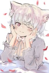 Rule 34 | 1girl, ;), animal ear fluff, animal ears, arm support, blush stickers, closed mouth, grey hair, grey ribbon, grey shirt, head in hand, head rest, highres, long sleeves, looking at viewer, neck ribbon, one eye closed, original, petals, red eyes, ribbon, sha2mo, shirt, simple background, smile, solo, upper body, white background