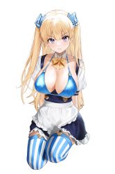 Rule 34 | 1girl, absurdres, apron, arms behind back, blonde hair, blue bow, blue eyes, blue skirt, bow, breastless clothes, breasts, chungu, cleavage, closed mouth, collarbone, covered erect nipples, detached collar, detached sleeves, eyelashes, frilled skirt, frills, frown, garter straps, hair between eyes, hair ornament, heart, heart o-ring, highres, large breasts, lina (michihasu), long hair, looking at viewer, maid apron, multicolored eyes, original, pink eyes, seiza, serious, shadow, simple background, sitting, skirt, solo, striped clothes, striped thighhighs, thighhighs, twintails, v-shaped eyebrows, vertical-striped clothes, vertical-striped thighhighs, white background