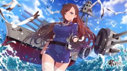 Rule 34 | 1girl, arizona (azur lane), artist request, azur lane, bird, blue headwear, blue sky, breasts, brown gloves, brown hair, cowboy shot, feathers, garter straps, gloves, green eyes, highres, large breasts, long hair, looking at viewer, partially submerged, rigging, sky, solo, thighhighs, third-party source, water, white feathers, white thighhighs
