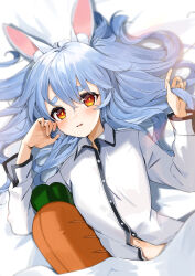 Rule 34 | 1girl, animal ear fluff, animal ears, bed sheet, blue hair, blush, collared shirt, gotou (nekocat), hair between eyes, hands up, highres, holding, holding hair, hololive, long sleeves, lying, navel, on back, on bed, parted lips, rabbit-shaped pupils, rabbit ears, red eyes, shirt, solo, stuffed carrot, symbol-shaped pupils, thick eyebrows, usada pekora, virtual youtuber, white shirt