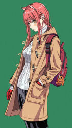 Rule 34 | 1girl, absurdres, animal ears, backpack, bag, bag charm, black pants, blush, braid, brown coat, brown eyes, cable knit, casual, cat ears, chain, chainsaw man, charm (object), coat, commentary, cowboy shot, english commentary, gloves, green background, hair behind ear, hand in pocket, highres, kemonomimi mode, long hair, long sleeves, looking at viewer, makima (chainsaw man), open clothes, open coat, pale skin, pants, pochita (chainsaw man), red bag, red gloves, red hair, ringed eyes, shiren (ourboy83), sidelocks, single braid, solo, sway back, sweater, turtleneck, turtleneck sweater, white sweater, winter clothes