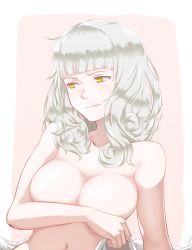 Rule 34 | 1girl, blush, breasts, carmilla (fate), closed mouth, commentary request, covering privates, covering breasts, embarrassed, fate/grand order, fate (series), fumato, highres, looking to the side, medium breasts, navel, nude, pink background, short hair, silver hair, solo, upper body, yellow eyes