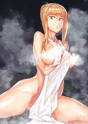 Rule 34 | 1girl, blonde hair, breasts, commentary request, convenient censoring, hair bun, hamushima, large breasts, long hair, looking down, looking to the side, magical grim, nipples, nude, original, parted lips, red eyes, single hair bun, solo, steam, steam censor, thighs, towel