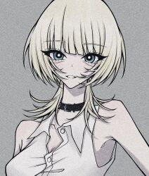 Rule 34 | 1girl, animification, black choker, blonde hair, blue eyes, breasts, choker, cleavage, collarbone, collared shirt, commentary, dress shirt, grey background, highres, looking at viewer, medium breasts, medium hair, open mouth, real life, shirt, skull (person), sleeveless, sleeveless shirt, solo, sunonoa 00, upper body, white shirt, wolf cut