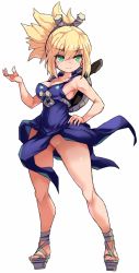Rule 34 | 1girl, armpits, blonde hair, breasts, dr. stone, green eyes, hand on own hip, highres, karukan (monjya), kohaku (dr. stone), large breasts, no panties, shield, simple background, smile, solo, standing, thighs, white background